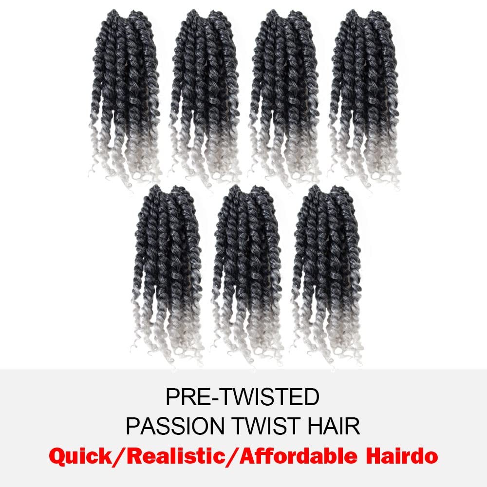 WUDAS 6 Inch Short Pre-Twisted Passion Twist Crochet Hair Ombre Grey