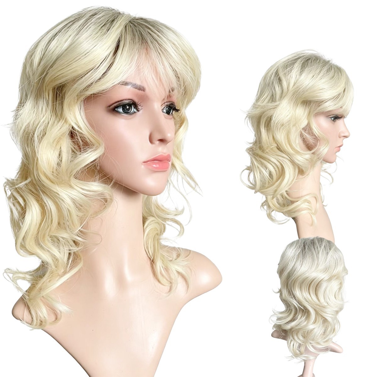 Ombre 613 Blonde Short Curly Wavy Shoulder Length Wig with Bangs Heat Resistant