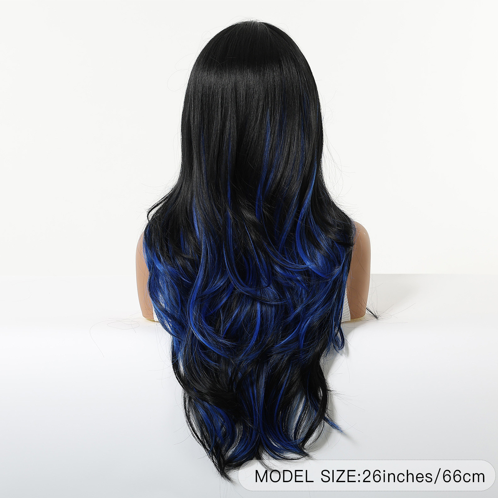 Black and Blue Wavy Wig for Women Party Long Synthetic Hair with Curtain Bangs