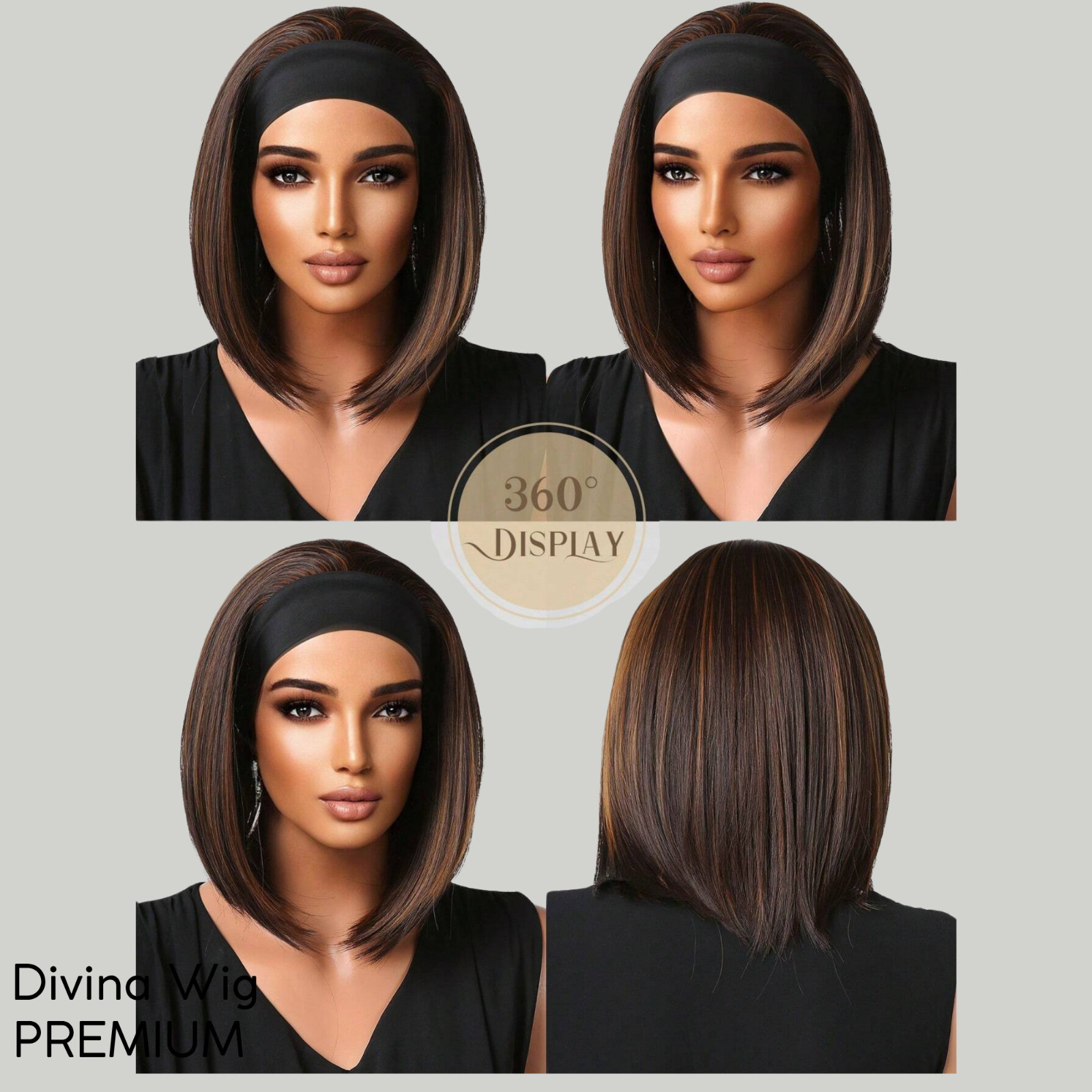 Straight Bob Headband Wig Brown Highlights Synthetic Hair 12 Inch Natural Look G