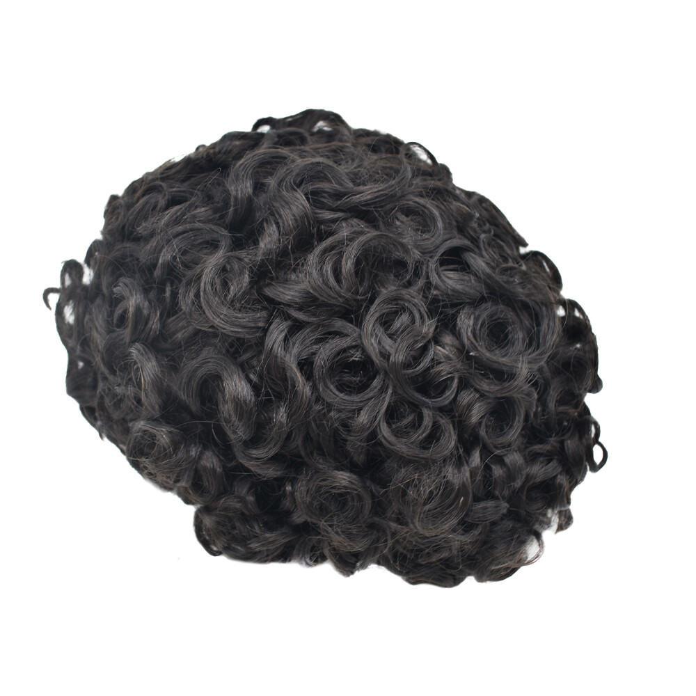 Curly Toupee for Black Men Full Poly Skin Human Hair System Mens Wigs 20MM 25MM