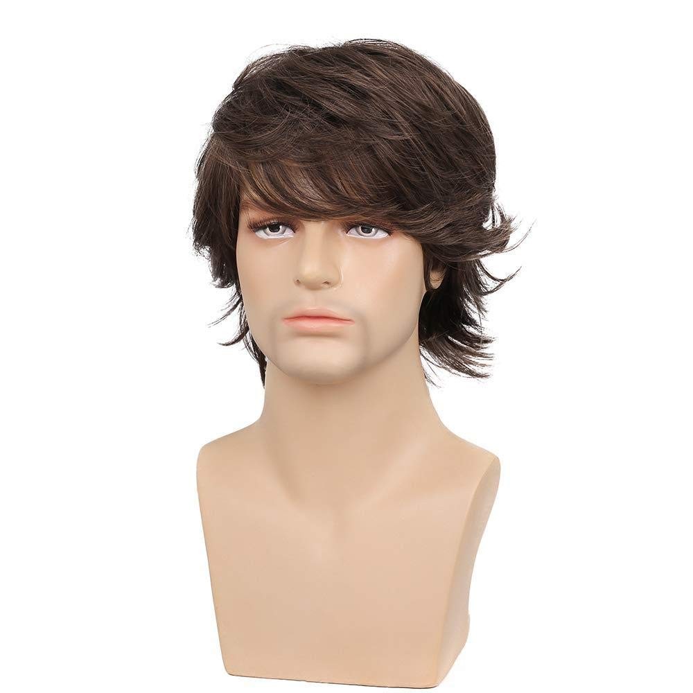 Mens Brown Wig Short Layered Natural Wavy Heat Resistant Synthetic Hair Wigs US