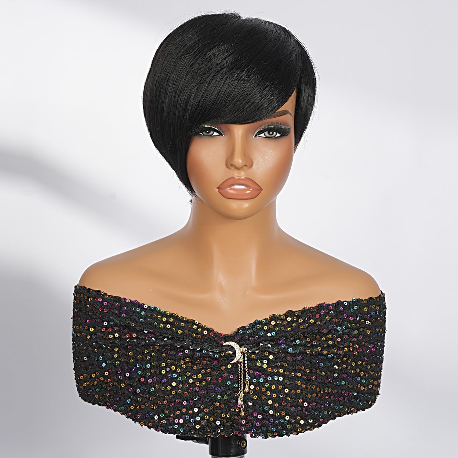 Short Pixie Cut Wig Human Hair Natural Black Glueless Full Machine Made 6 Inch