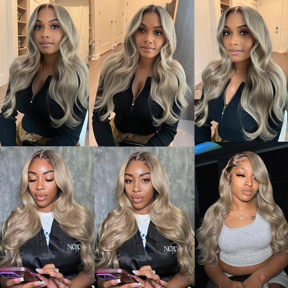 Ombre Ash Blonde Body Wave Lace Front Wig 26″ Human Hair, 200 Density, Glueless,