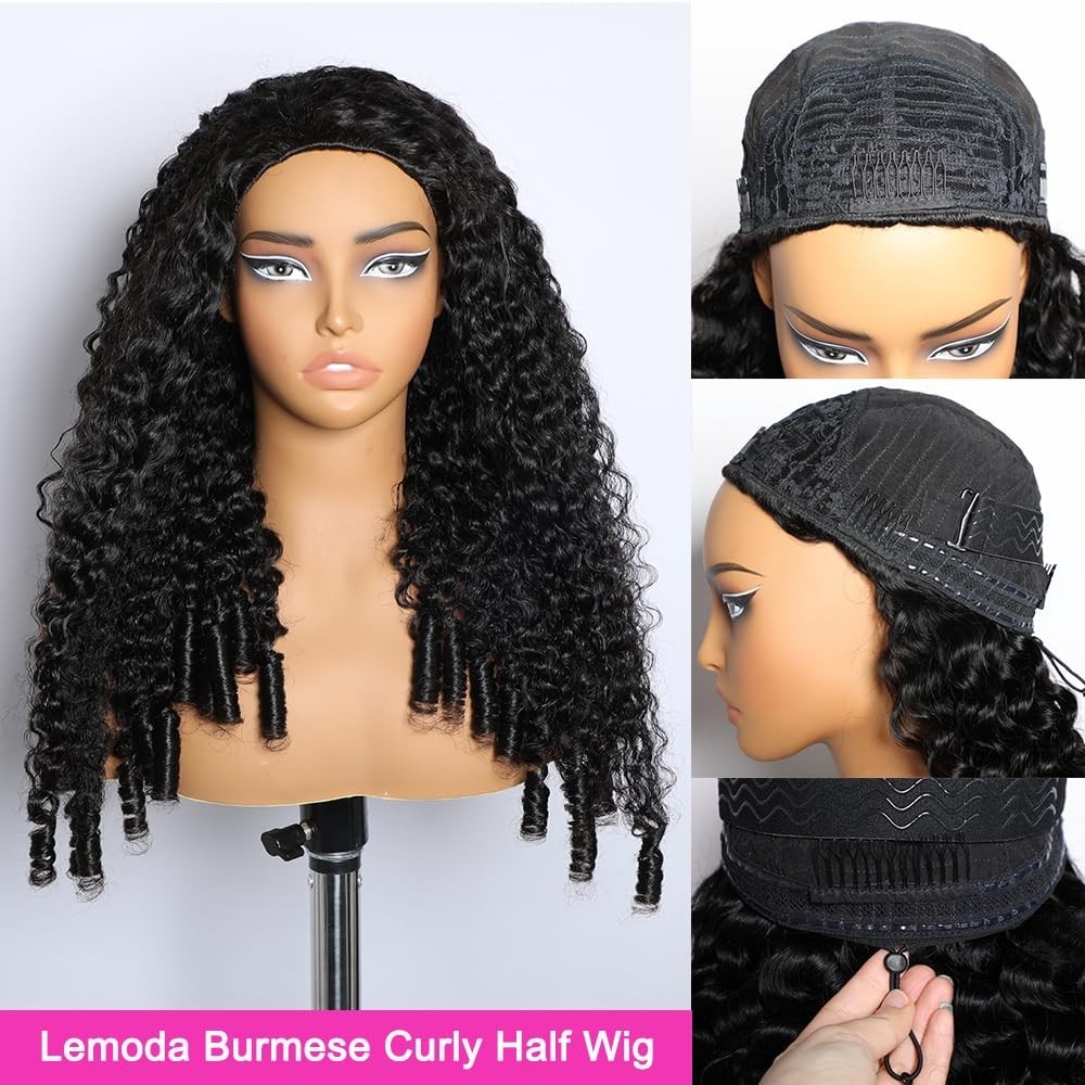 Burmese Curly Half Wig 180 Density Human Hair 22″ Glueless Drawstring Headband W