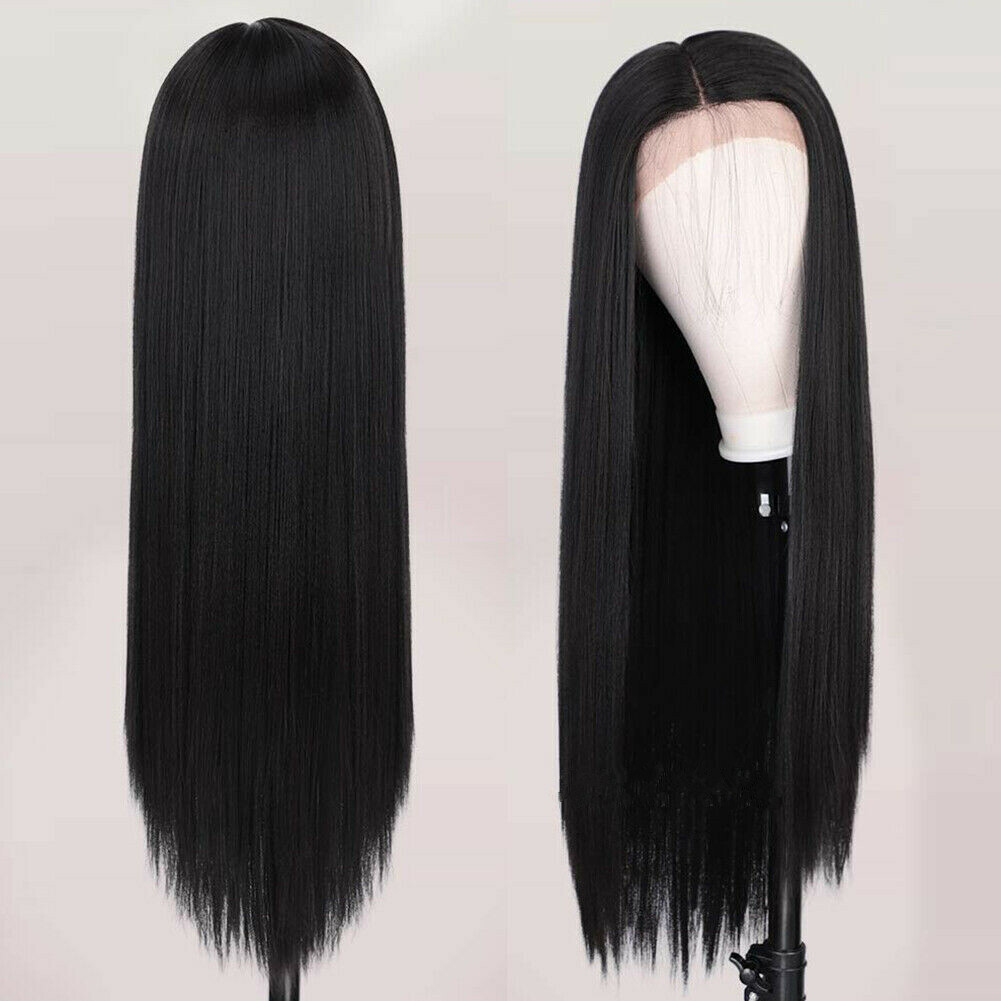 Long Straight Black Hair Women Glueless Synthetic Lace Front Wigs Heat Resistant