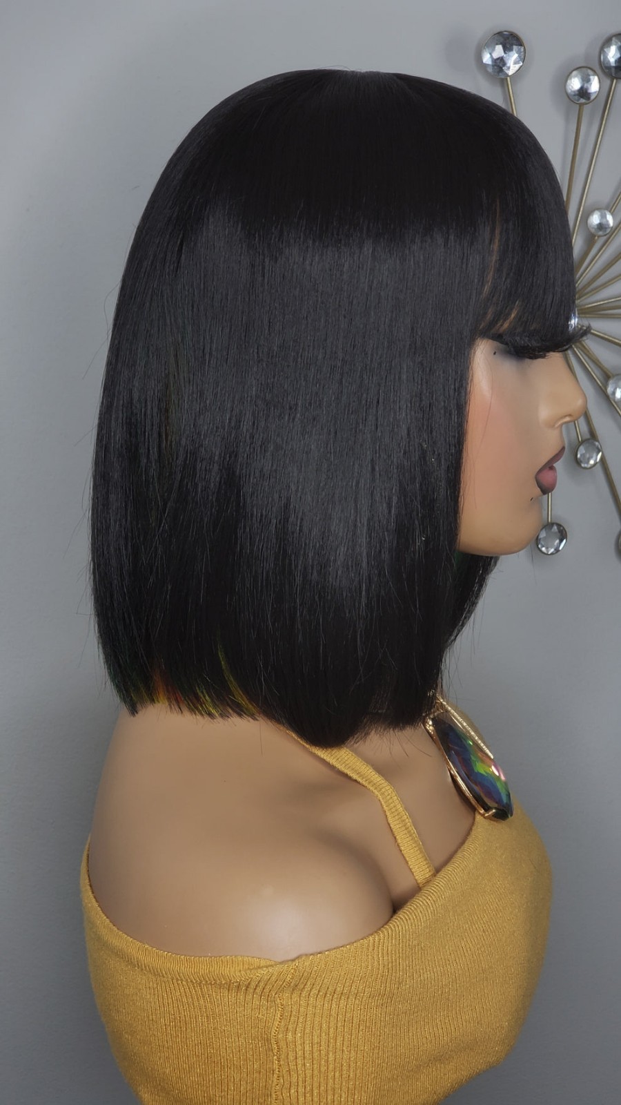 New Short Human Hair Blend Straight Bob Wrap Style Full Cap Wig Black Rainbow