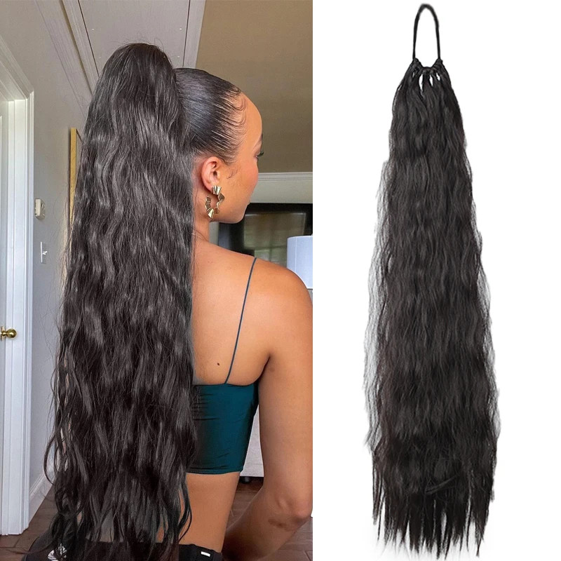 Elastic Tie Synthetic Long Curly Wavy Ponytail Extensions Women Hairpiece Daily