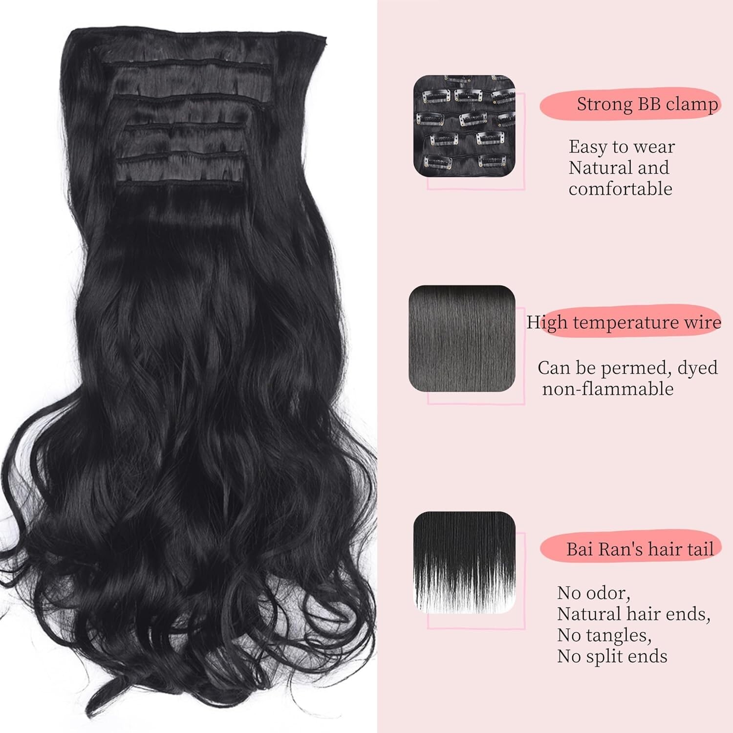 Seamless Clip-in Hair Extensions – 7 Pieces, 140g Synthetic US 24 Inch, Black