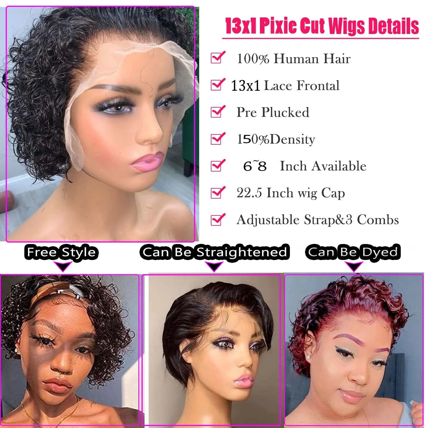 INSTASTYLE Short Curly Pixie Cut Lace Front Wigs 6 inch, 13X1 Human Hair HD Lace