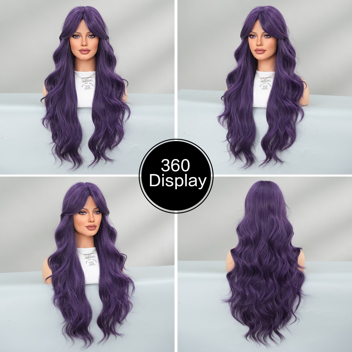 Dark Purple Long Curly Wavy Wig with Curtain Bangs for Women Cosplay Party 30 in