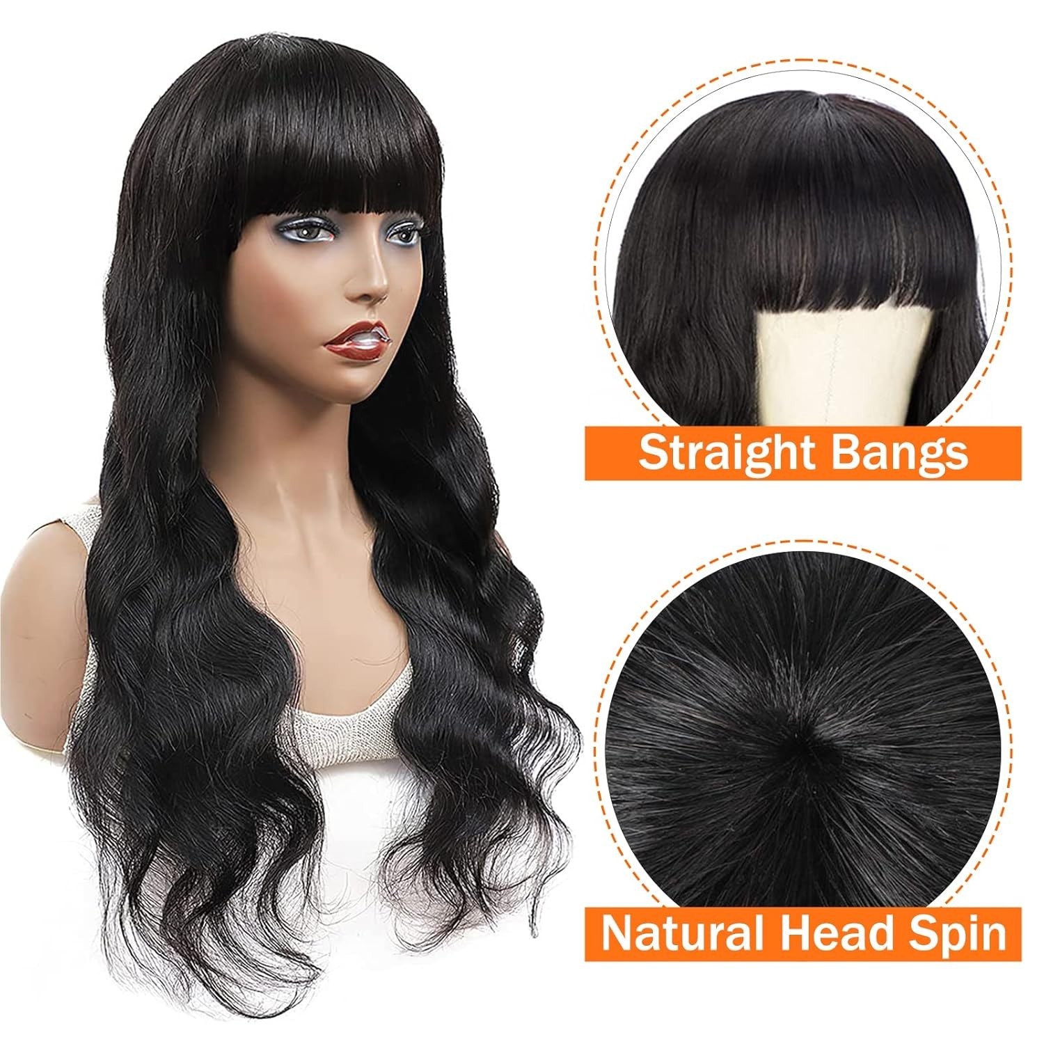 Body Wave Wig with Bangs Human Hair Wig for Women Machine Made No Lace Front wig