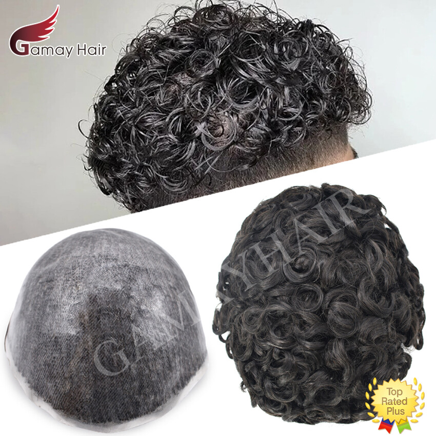 Curly Toupee for Black Men Full Poly Skin Human Hair System Mens Wigs 20MM 25MM