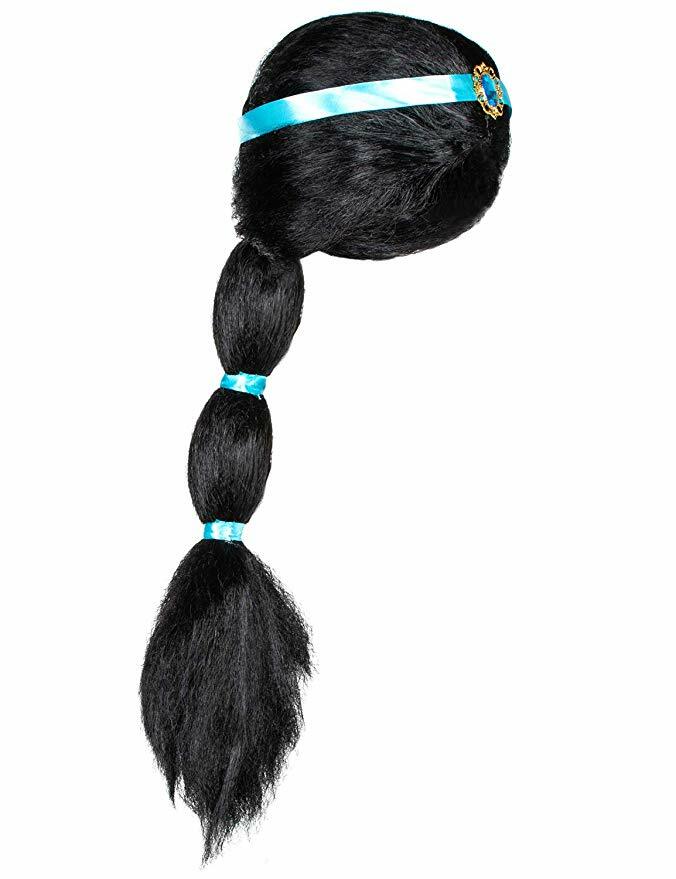 Adult Aladdin Princess Jasmine Cosplay Black Wig w/Ribbon for Halloween Costume