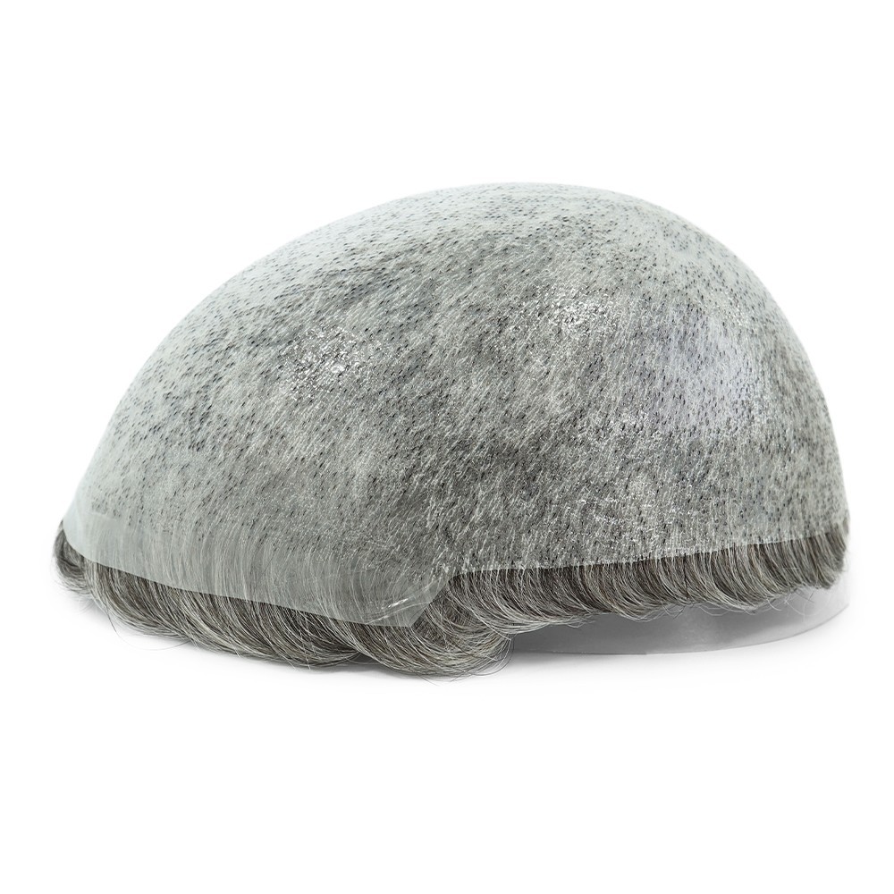 Toupee for Men Human Hair System Unit 0.05mm Thin Skin BIO Grey Hairpieces #365
