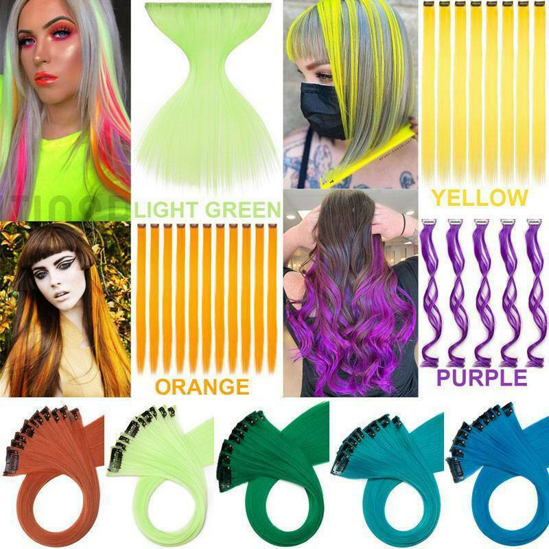 10pcs as human Hair Multi Color Clip In Hair Extensions Rainbow Streak Hair Fake