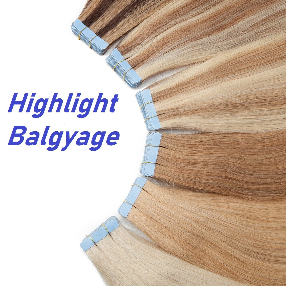 10-40PCS Tape In Real Remy Human Hair Extensions Skin Weft FULL HEAD Blond Ombre