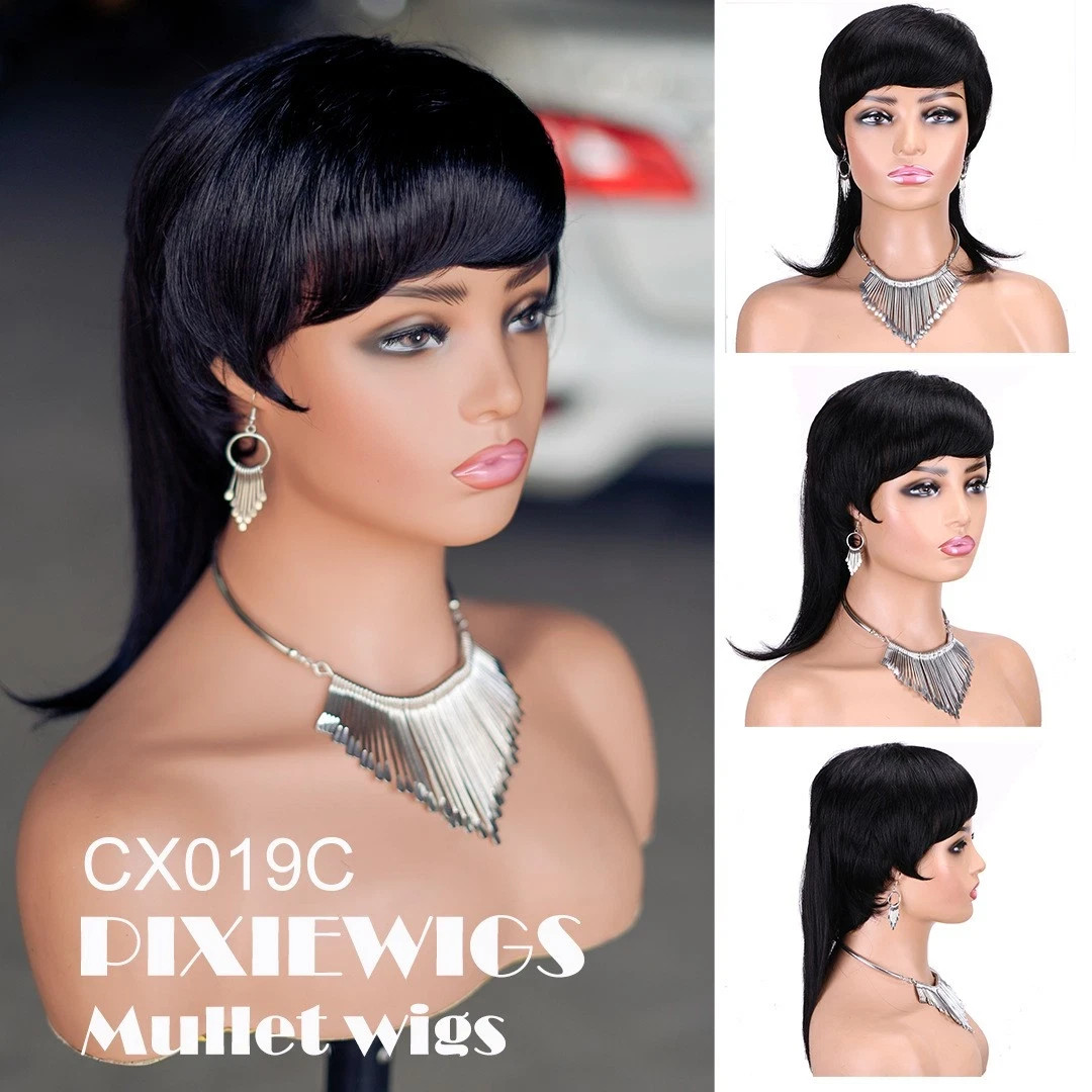 Black Pixie Cut With Bangs Human Hair Mullet Wigs for Women Fashion Straight Wig