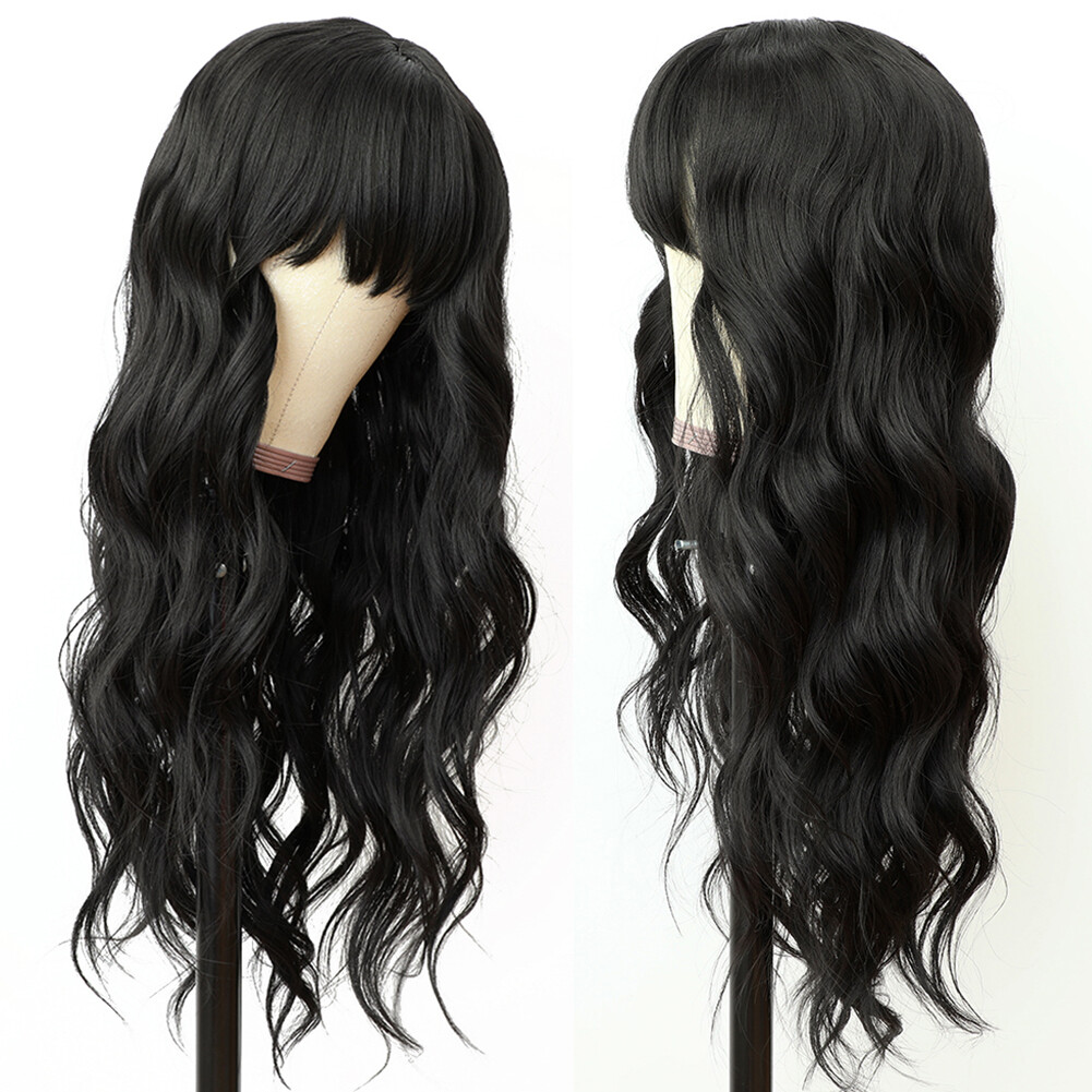 Synthetic No Lace Wigs Full Bangs Loose Wavy Long Black Heat Resistant Natural