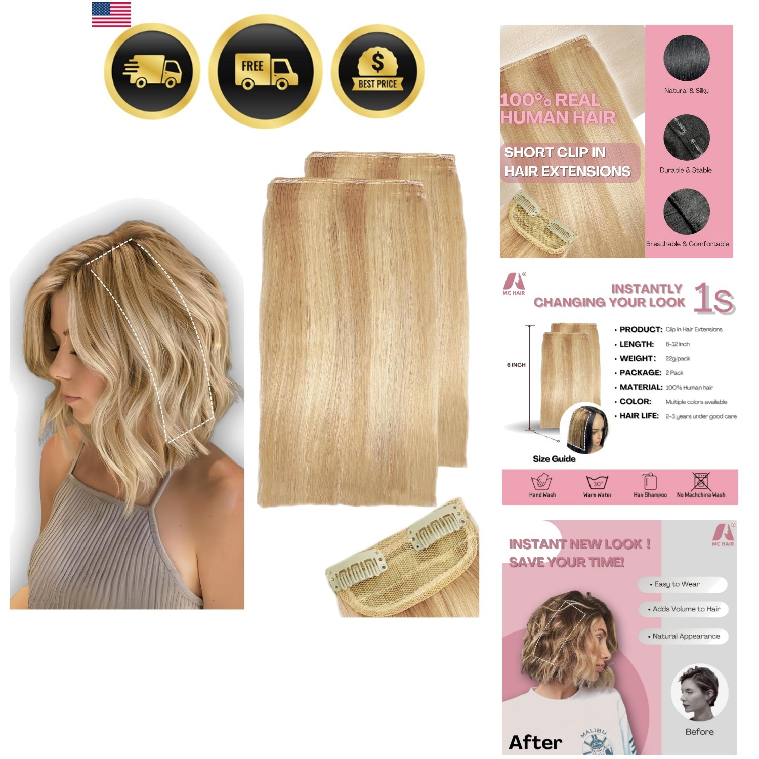 Human Hair Extensions Short Clip In Hair Pieces for Women Volume 6 Inch Dark …