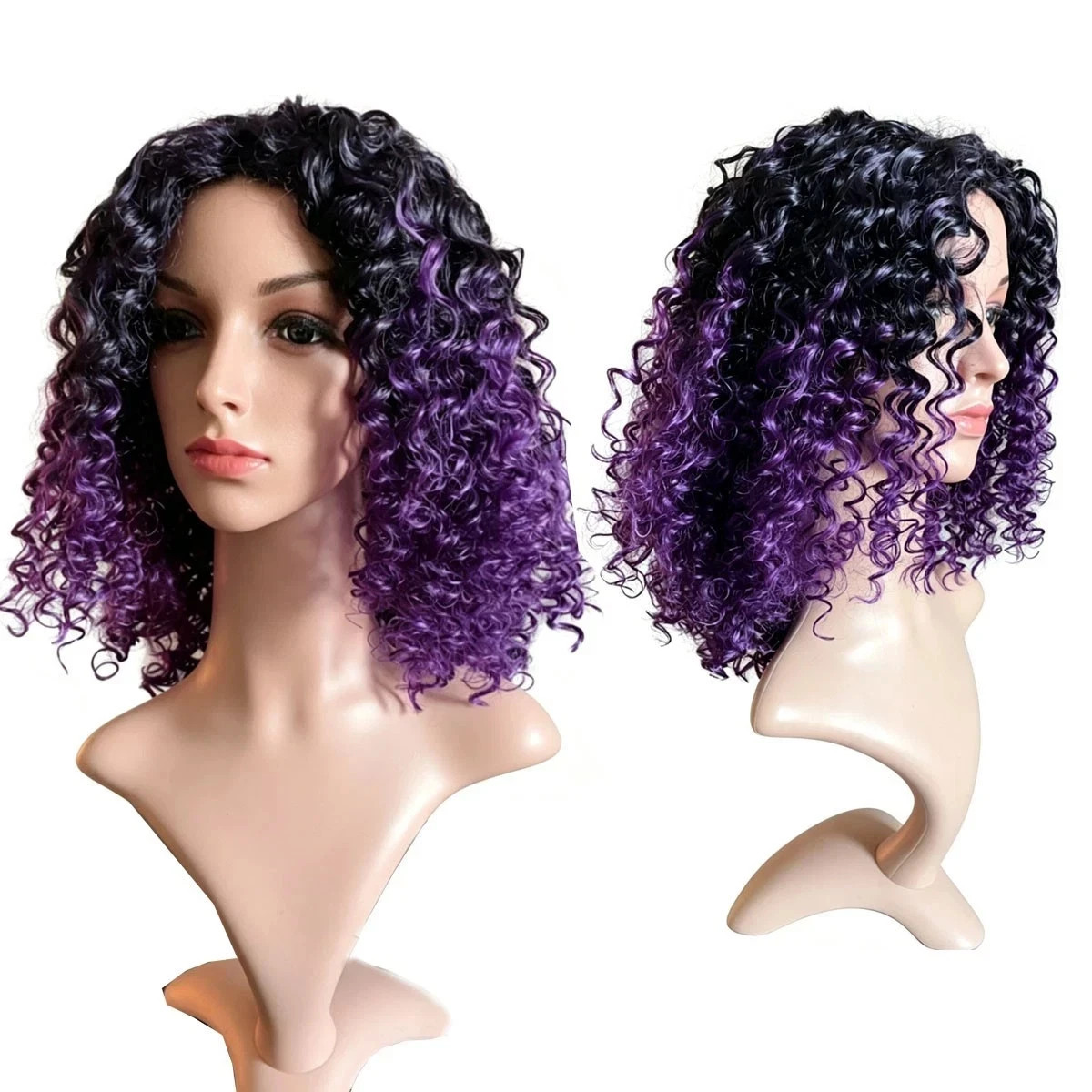 Black Root Ombre Purple Afro Curly Wig, Short Synthetic Daily Wear Wig for Ladie