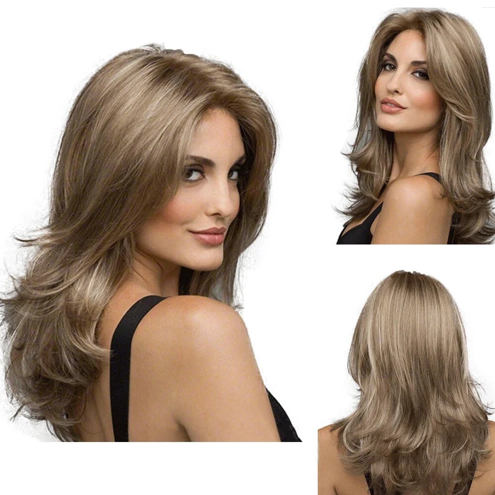 Women Long Curly Brown Natural Wig Glueless Wig Heat Synthesis Adult Female Wig