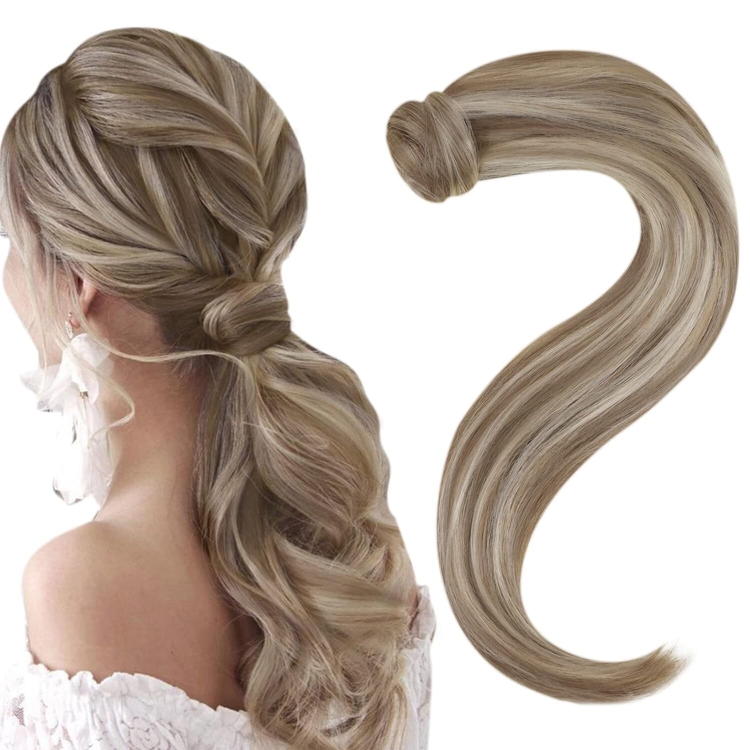 *EASYOUTH* PONY TAIL EXTENSION ‘HUMAN HAIR’ BLEACH BLONDE/ASH BROWN – 12″, 70G