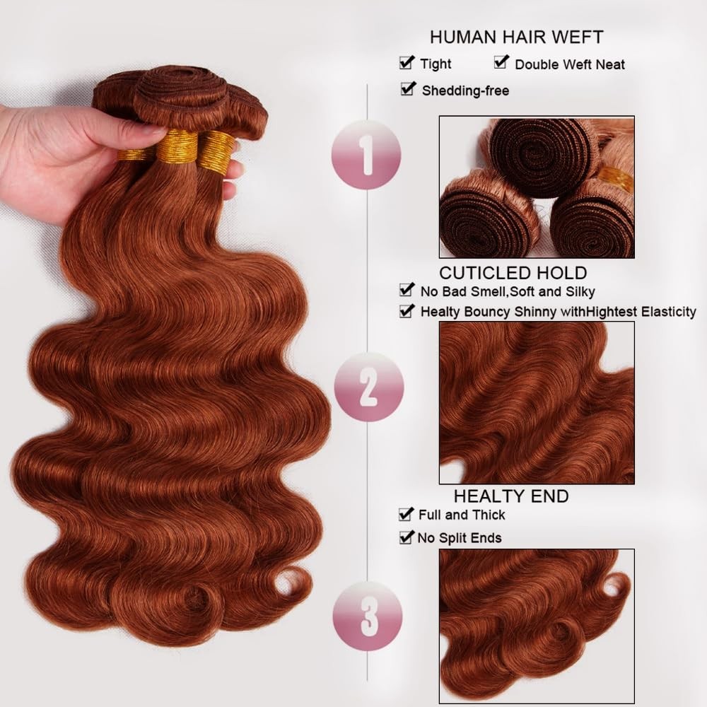 Zevpiul Color 33 Bundles Human Hair Reddish Brown Body Wave 3 Bundles 28 30 32
