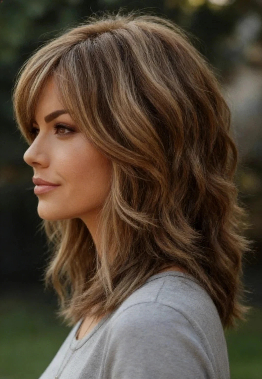 100% Human Hair Fashion Women’s Layered Hairstyle Medium Brown Wavy Wigs 14 Inch