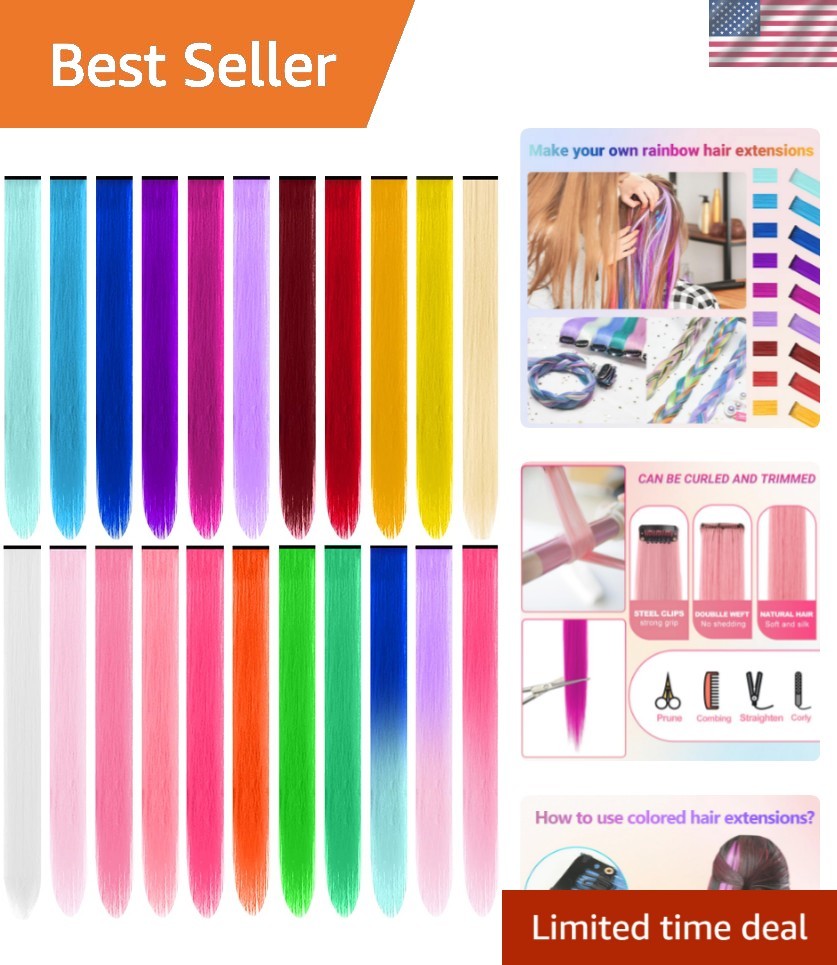 22 Inch Multi-Color Clip-In Synthetic Hair Extensions for Parties & Cosplay