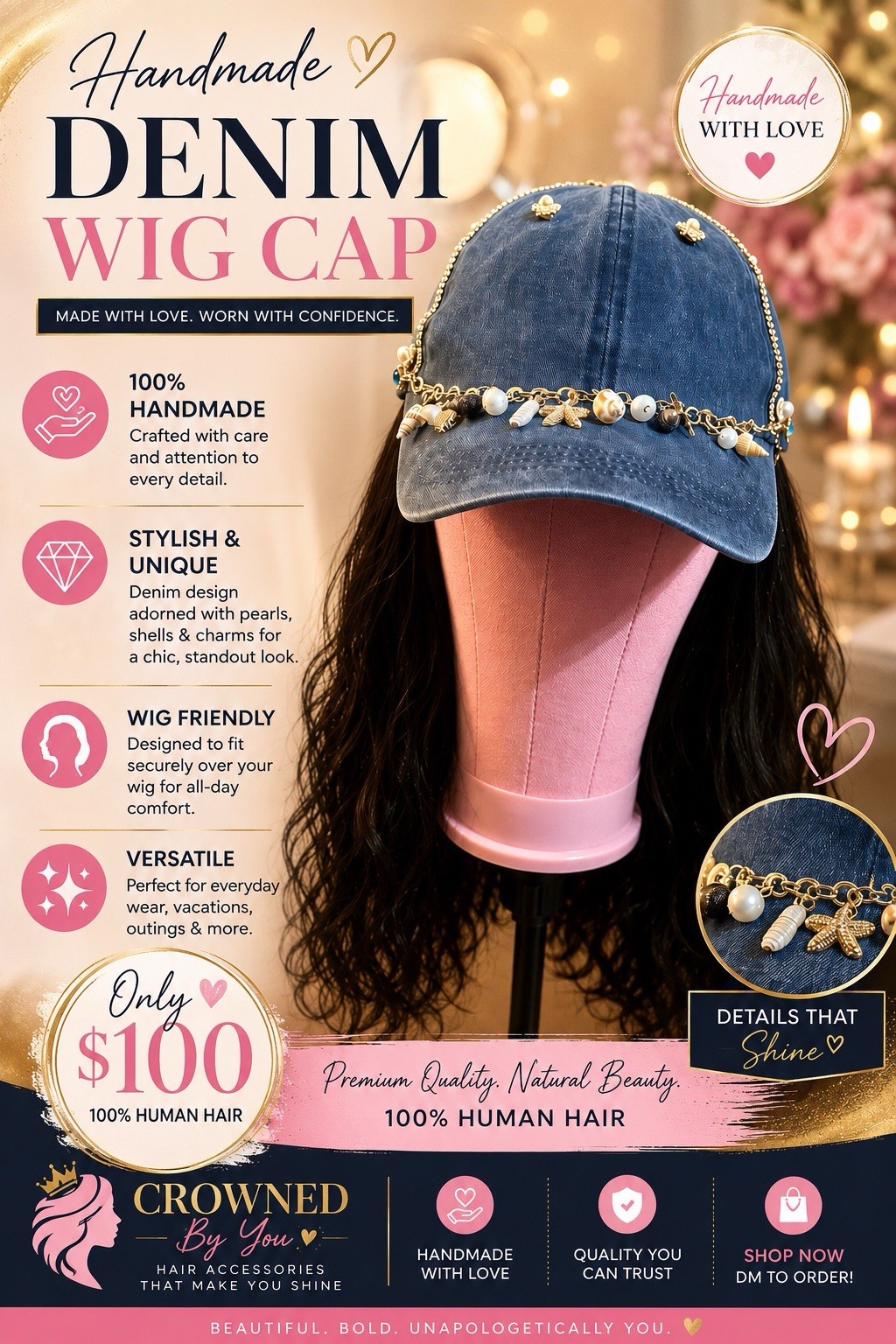 Handmade Blue Denim Human Hair Wig Cap, Women’s One Size Cap Construction