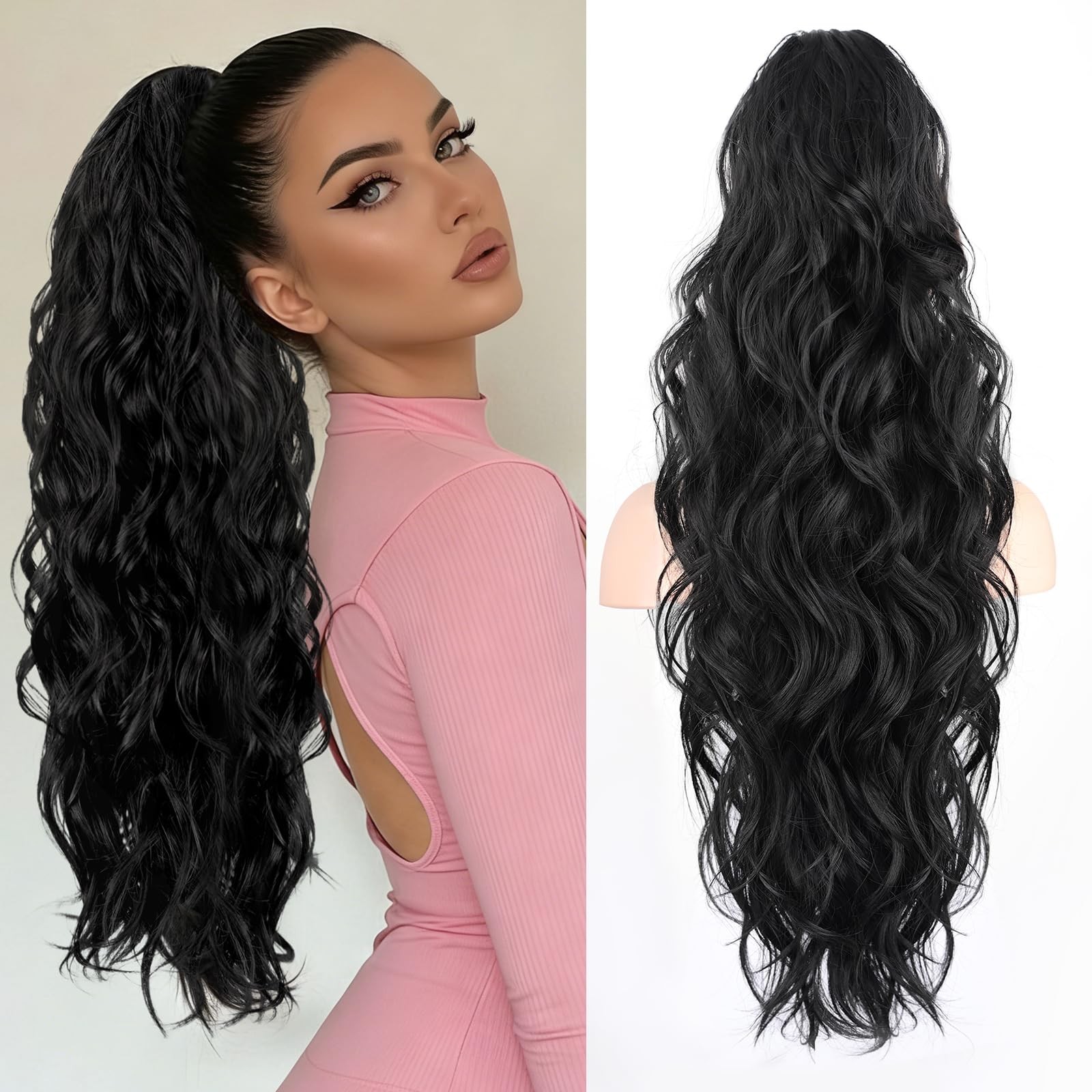Ponytail Extension 26 Inch Wavy 200g Claw Clip Black – Easy to Wear Daily