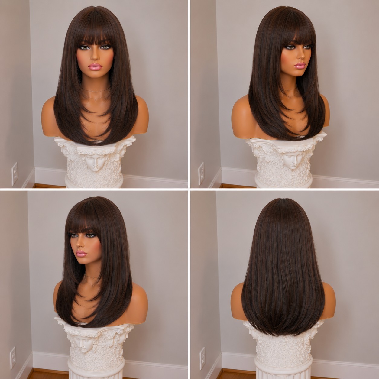 Wig – Human Hair Blend – Long Straight Layered Dark Brown Bangs Heat Resistant