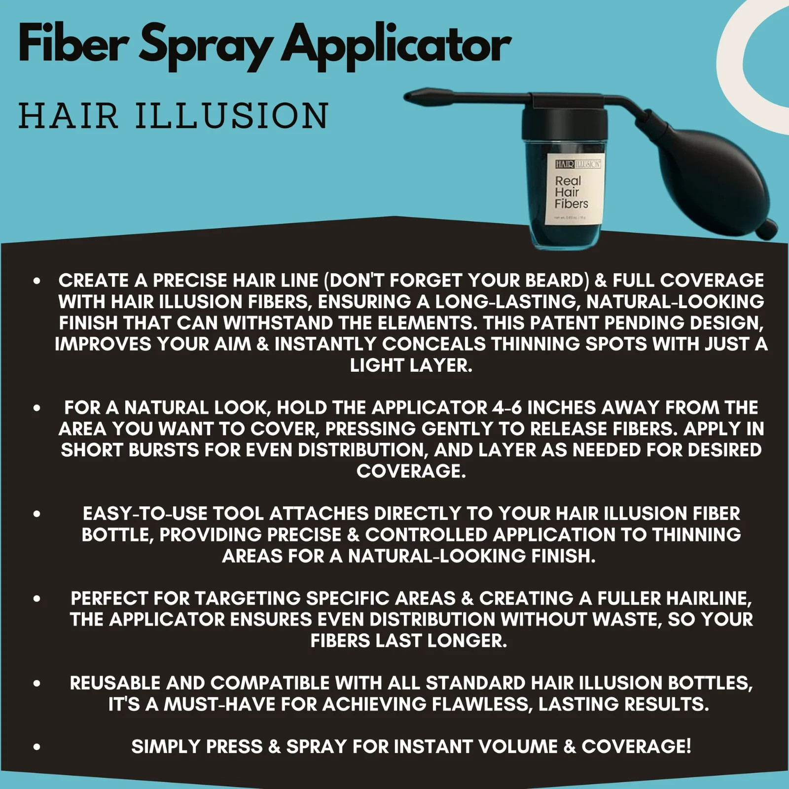 Hair Illusion 38g Black Real Hair Fibers + Water Resistant Spray + Applicator