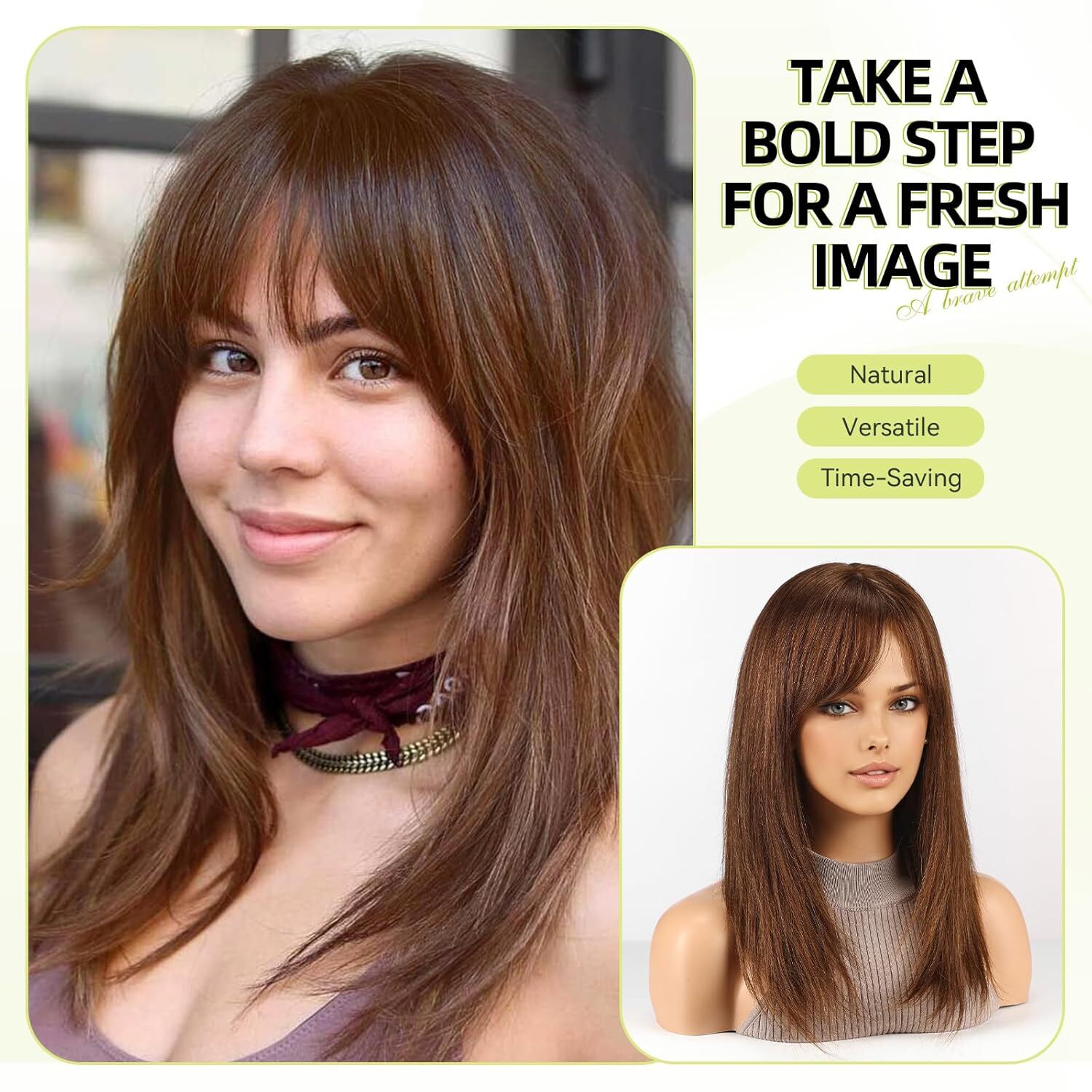 Auburn Straight Human Hair Wigs for Women Layered Wig with Bangs 16Inches