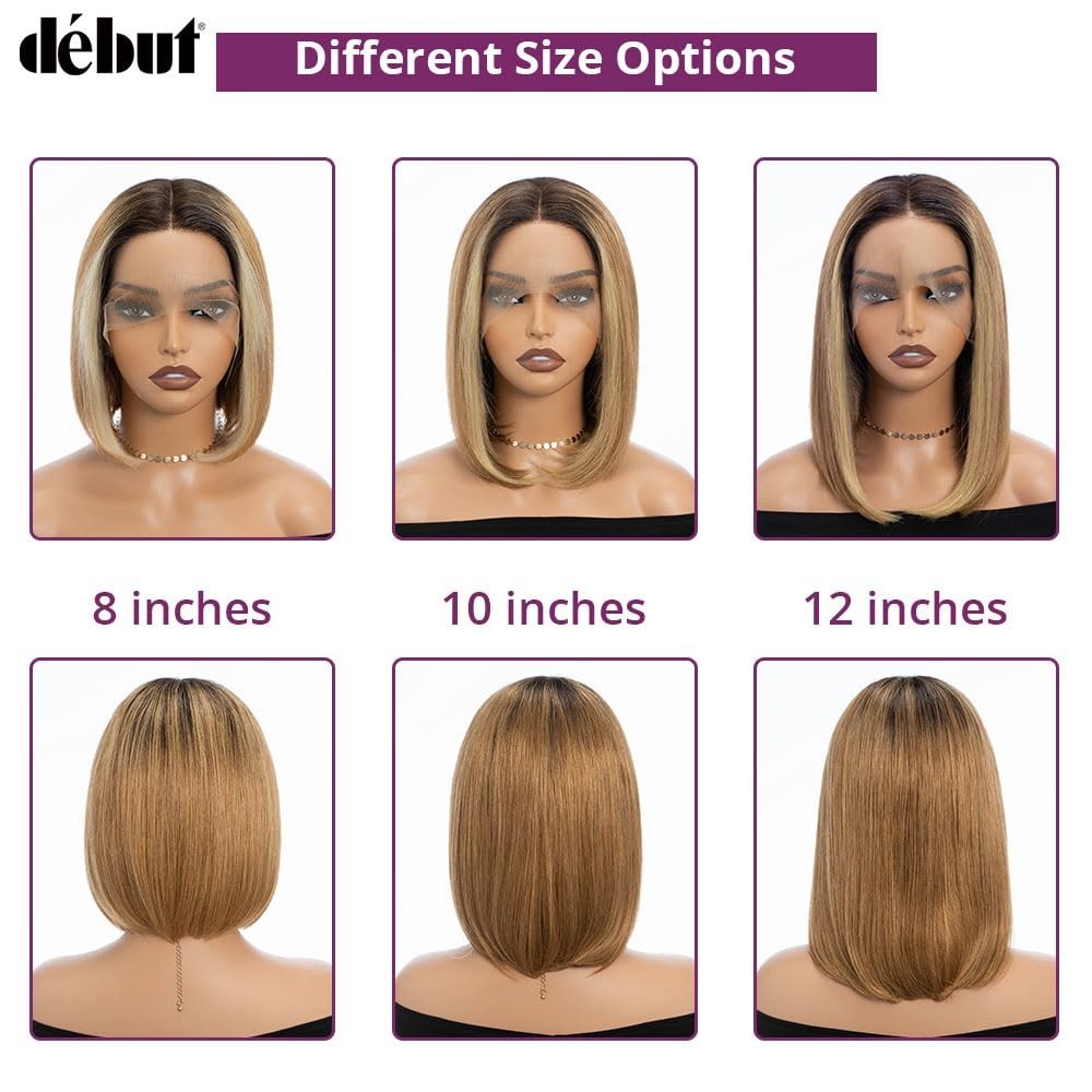 DEBUT Skunk Stripe Lace Front Wig 4×4 HD Ombre Brown Blonde Bob 10 Inch Human Ha