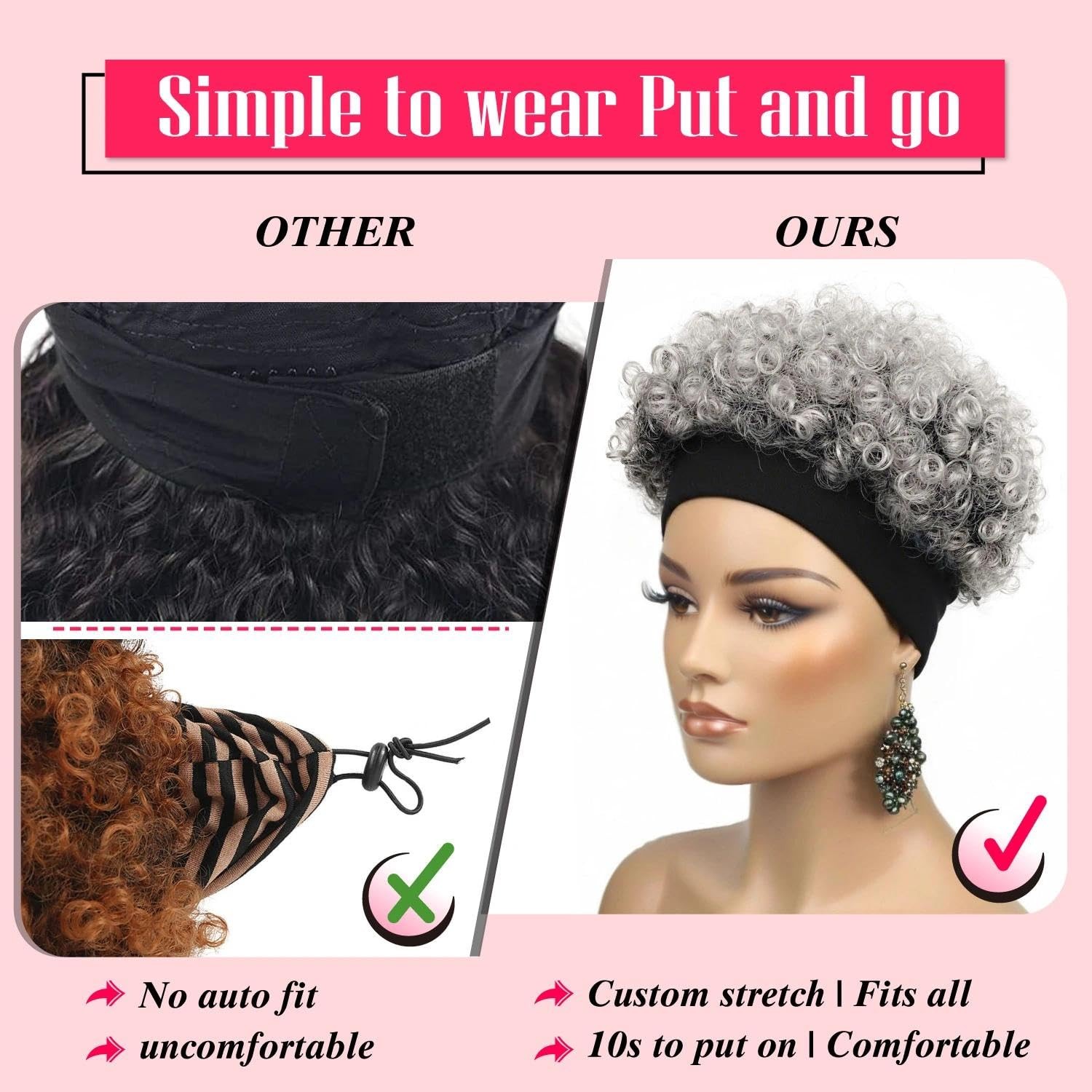 Short Salt and Pepper Afro Curly Headband Wig for Black Women, Gray Kinky Cur…