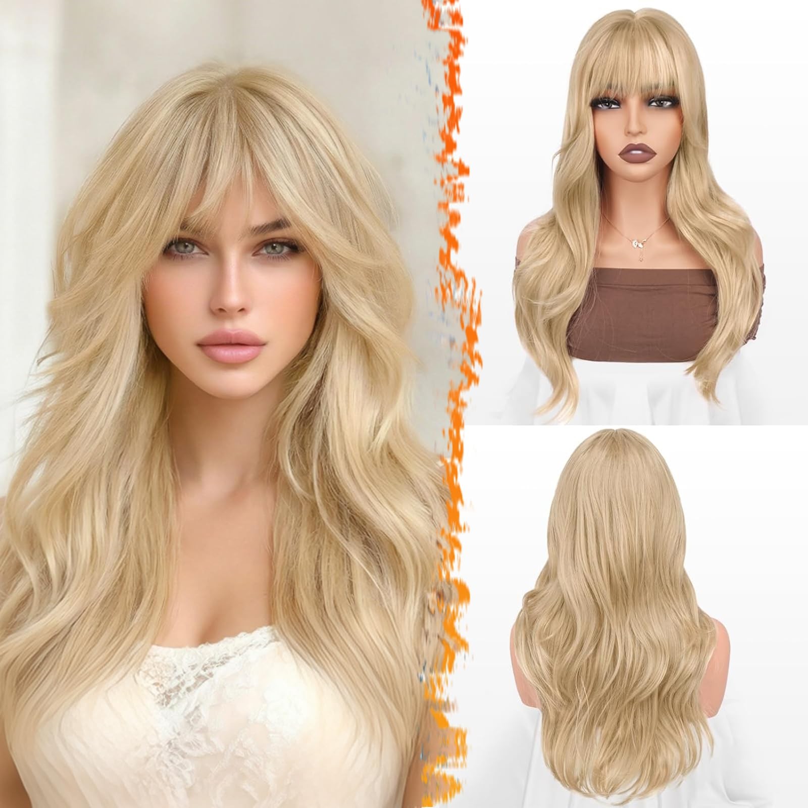 Beige Blonde Layered Wig with Bangs – 20 Inch Blonde Layered Wig with Bangs f…