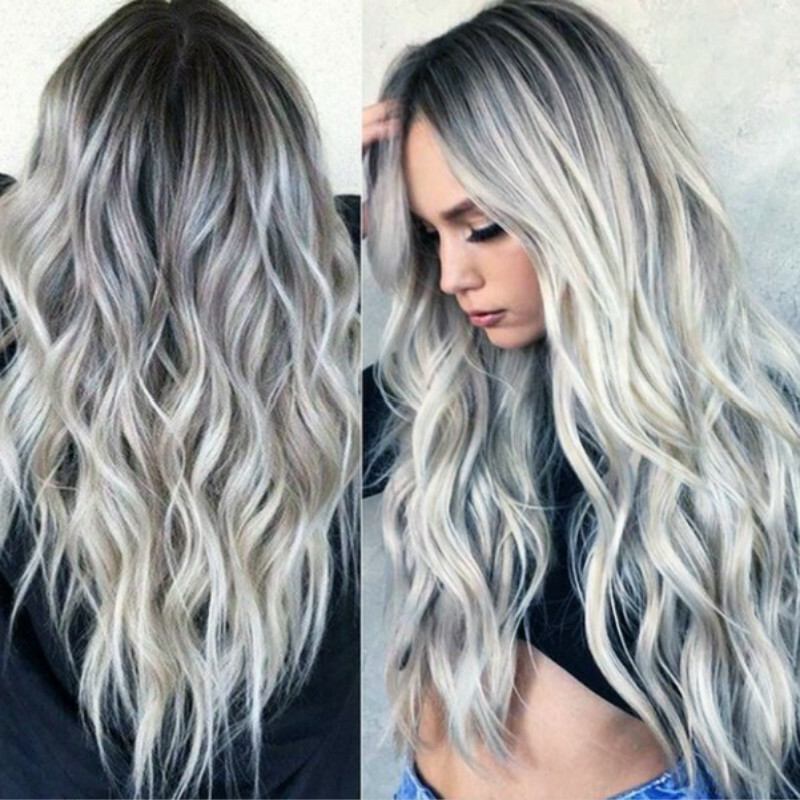 Fashion Middle Part Long Curly Hairpieces Gradient Gray Cosplay Synthetic Hair
