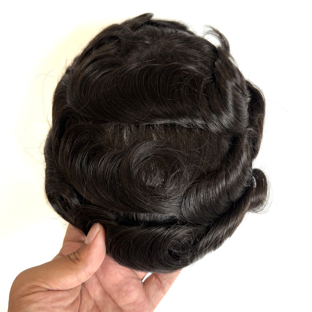 Men’s Human Hair Toupee Hairpiece Poly Gauze Hair System Replacement Black Wigs