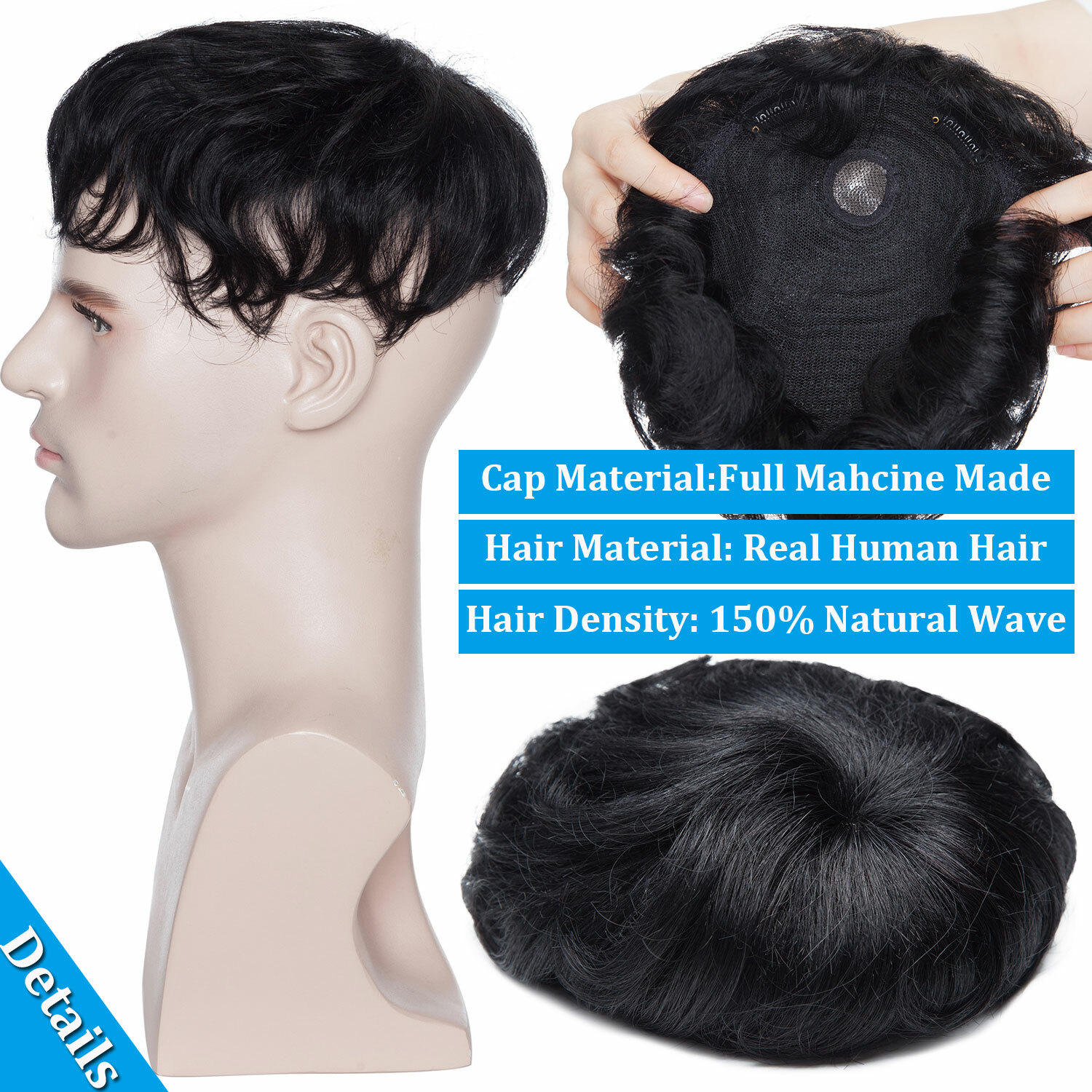 Men 100% Human Hair Replacement System Hairpiece Skin PU Base Toupee Black/Brown