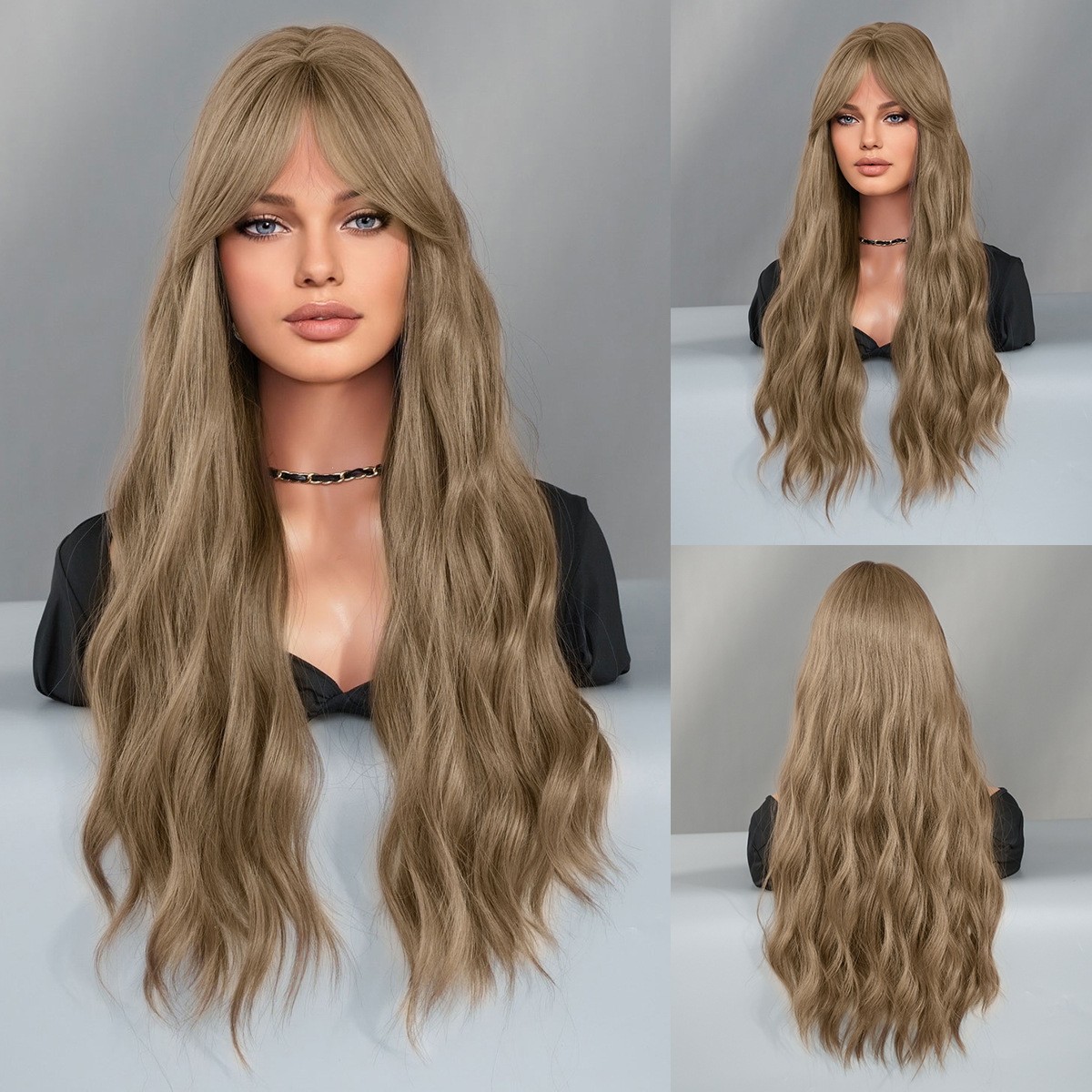 Fog Tea Light Brown Long Wavy Curly Wig with Side Bangs Japanese Korean Style