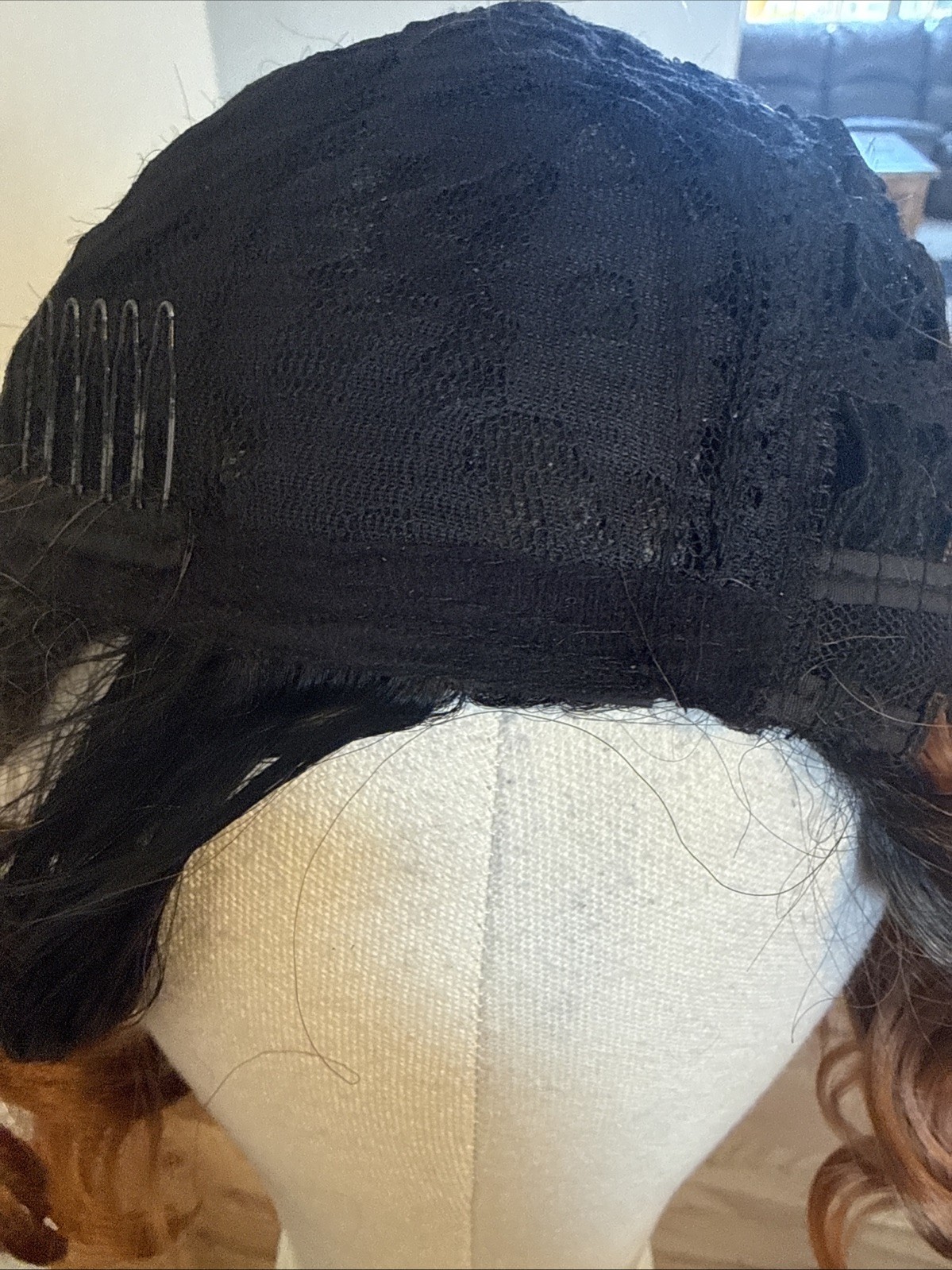 Wig hair, pixie black Ombré To Auburn Curls 12” Long Open Welt Lace Cap 278