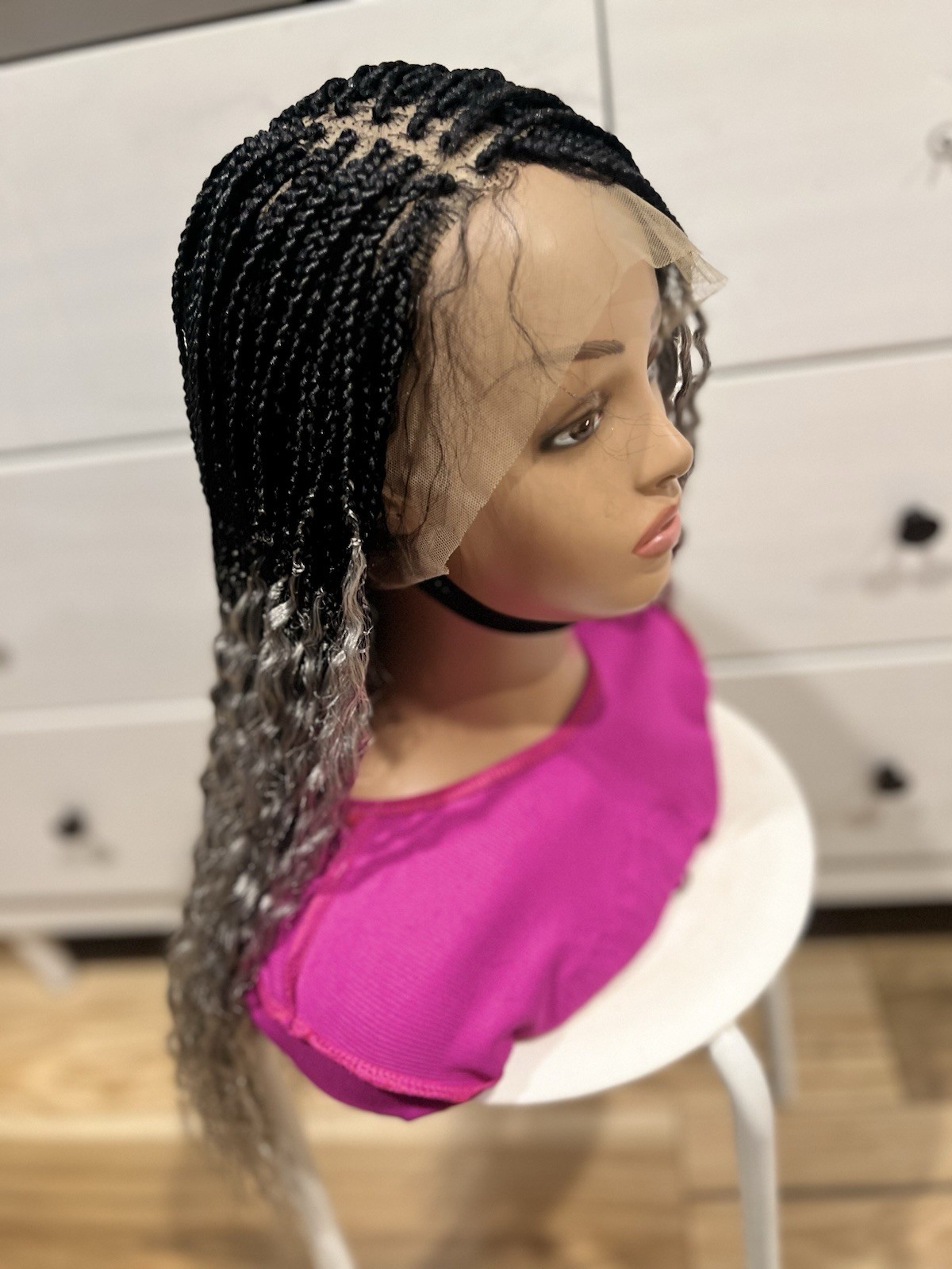 Braided water wave wig made on a full lace wig.length is 24” Black & Gray Wig