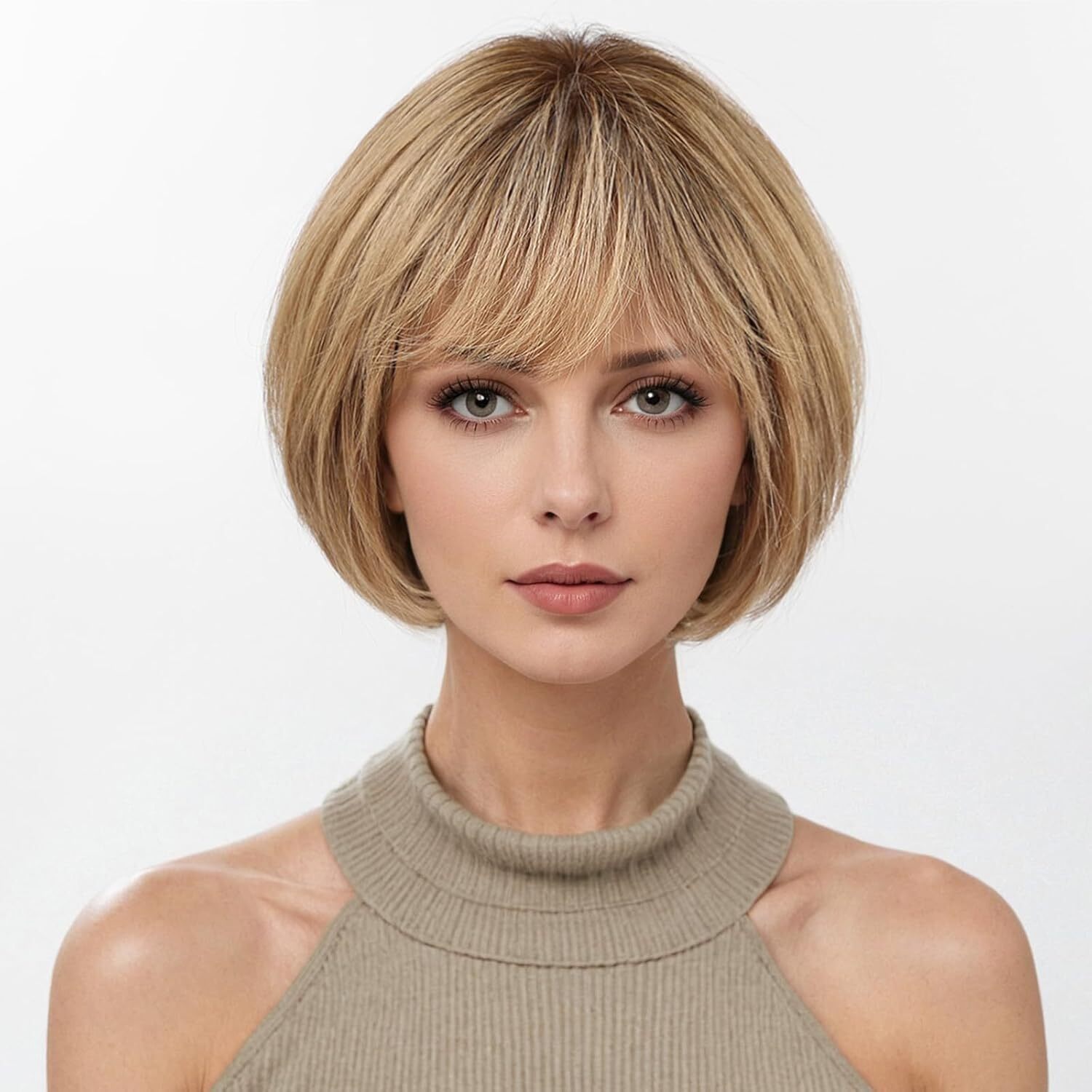 Ombre Ash Blonde Wigs Human Hair for White Women with Bangs Glueless Bob Wigs