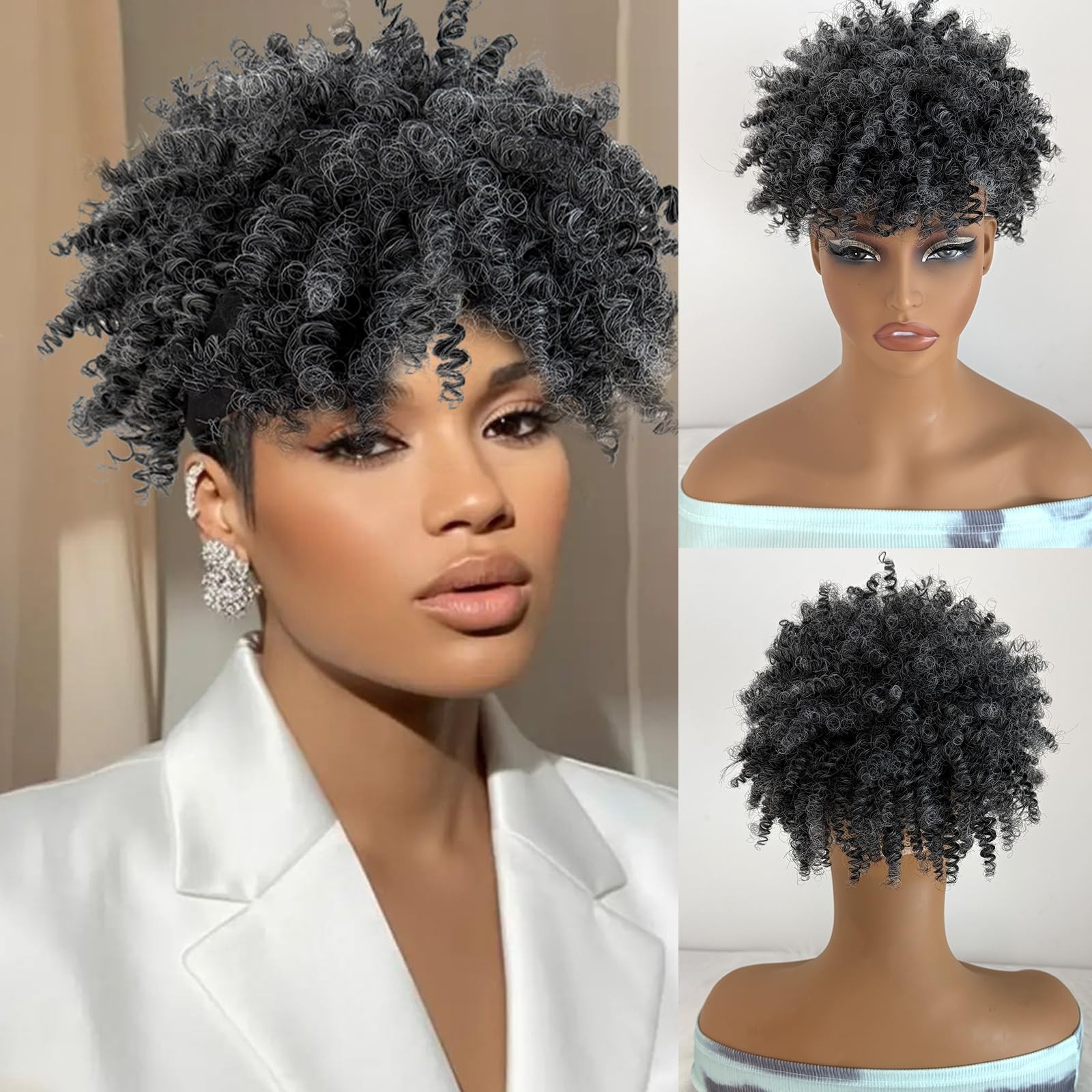 Mayouda Short Omber Grey Headband Wig for Black Women with Bangs Head-Wrap Wi…