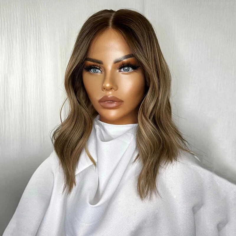 Natural Wave 13×4 Lace Frontal Wigs Caramel Ash Blonde Balayage 100% Human Hair