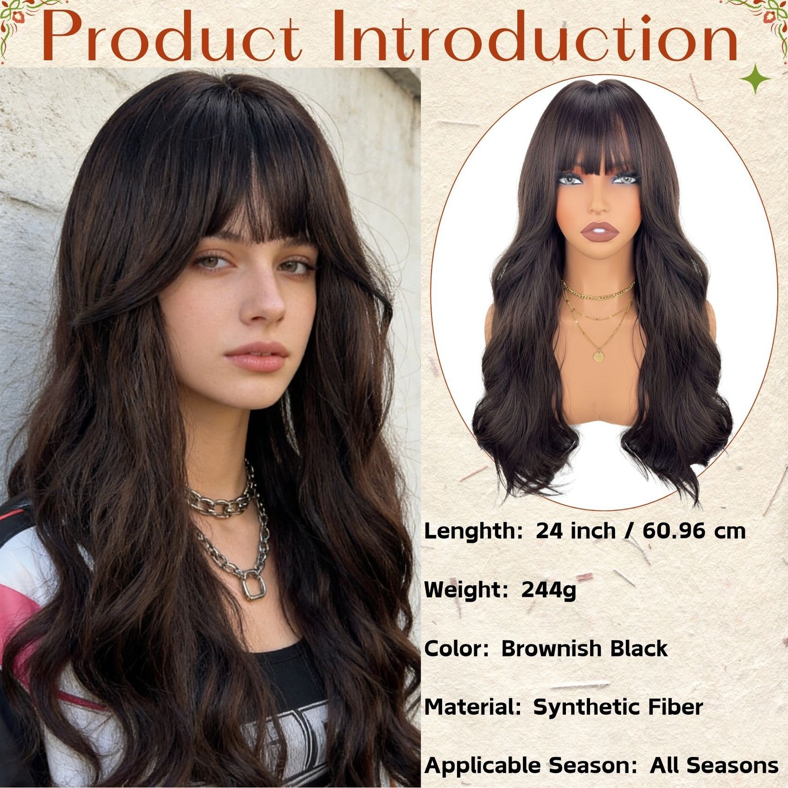 24in Dark Brown Wavy Wig with Bangs Heat Resistant Synthetic Party Wedding