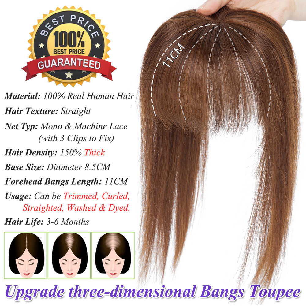 US 100% Remy Human Hair Mono Topper Clip In Top Piece Toupee Wig Bangs For Women