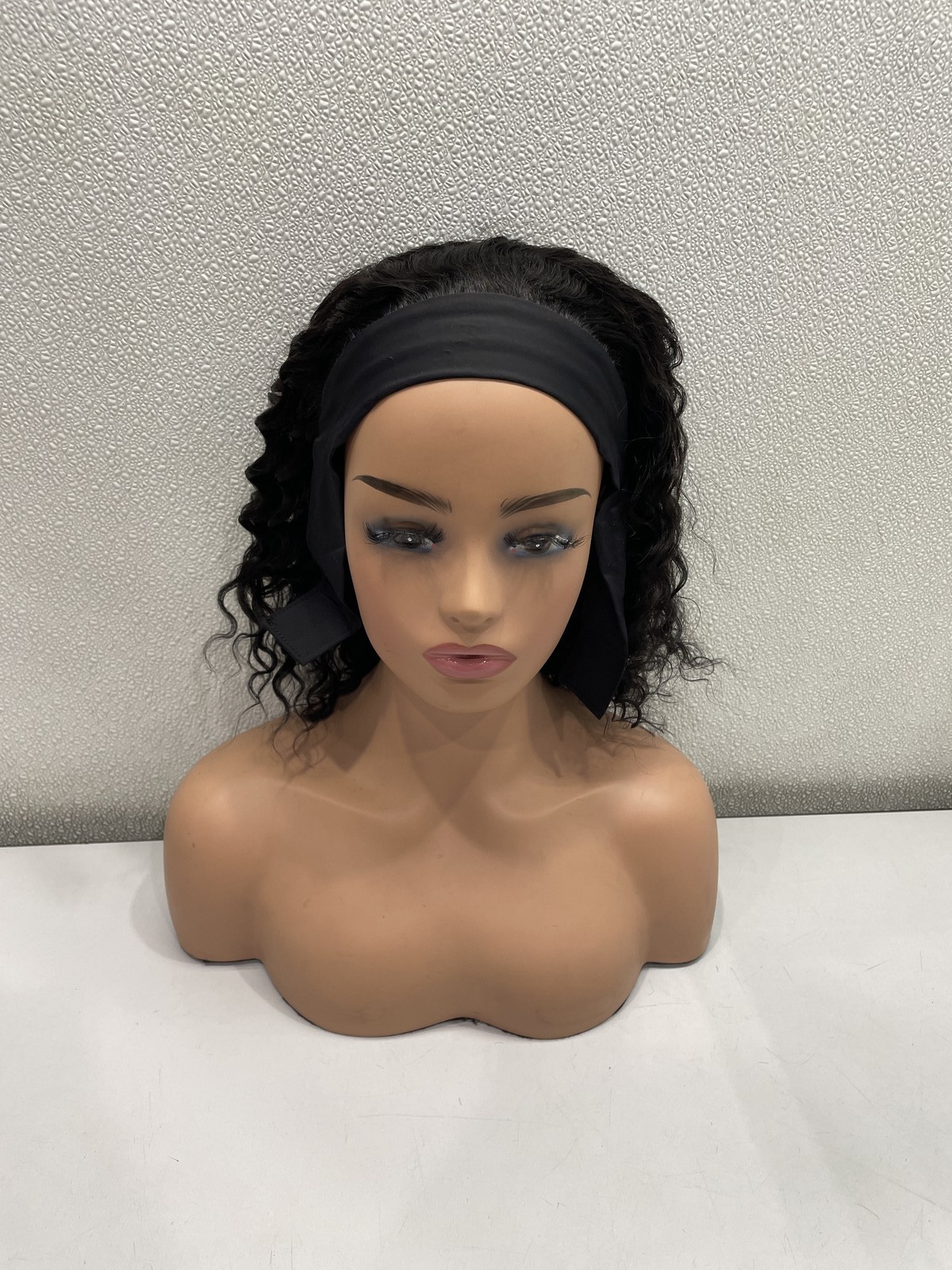 Wenyan Natural Black Deep Wave Human Hair Headband Glueless Wig, 12″
